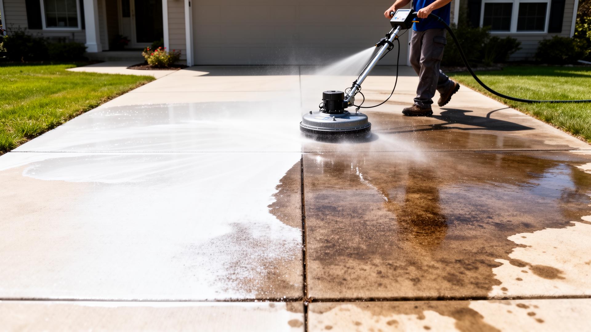 Exterior Prime technician pressure washing a residential driveway removing dirt and stains