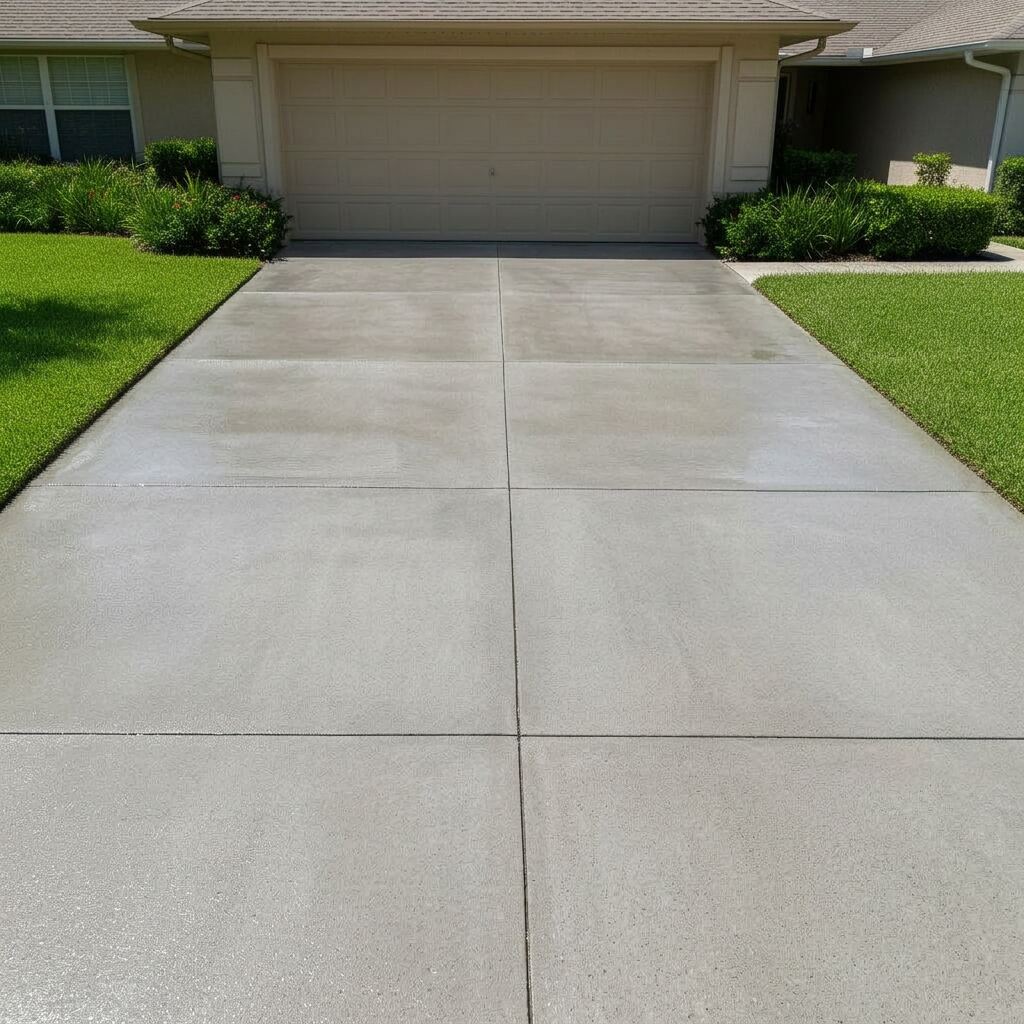 Before and after driveway cleaning showing removal of stains and buildup