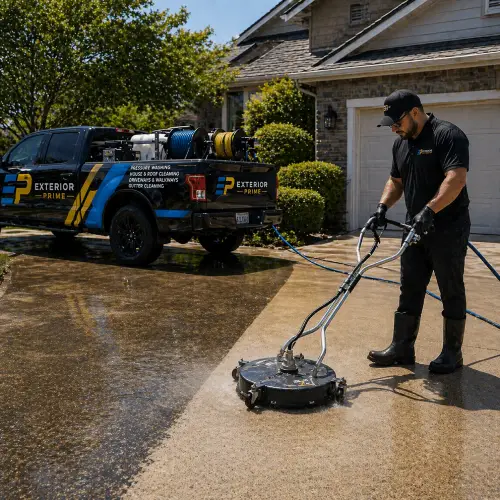 Dirty driveway with oil stains being cleaned by professional pressure washing