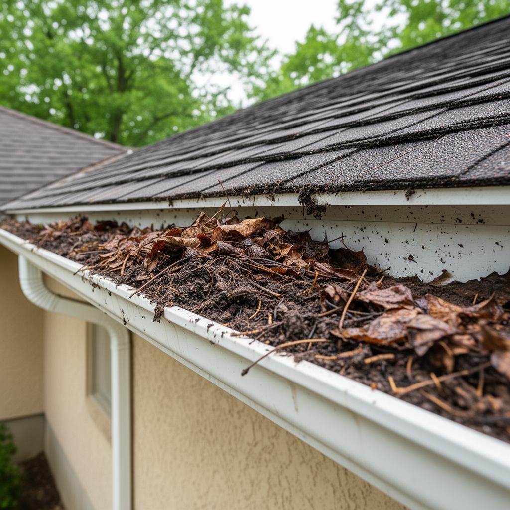 Before and after gutter cleaning showing clogged debris removed from residential gutters