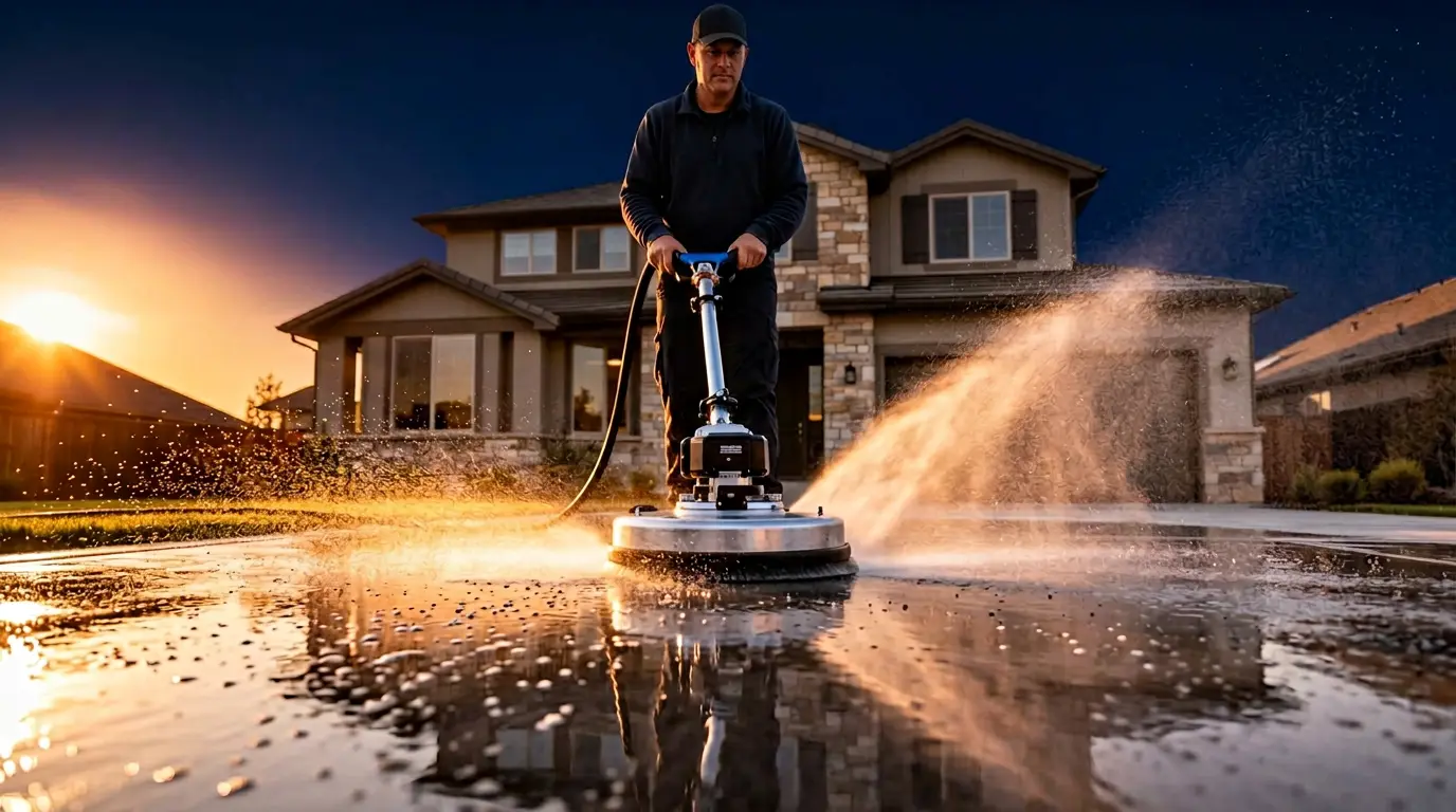 Exterior Prime technician performing professional exterior cleaning on a residential home