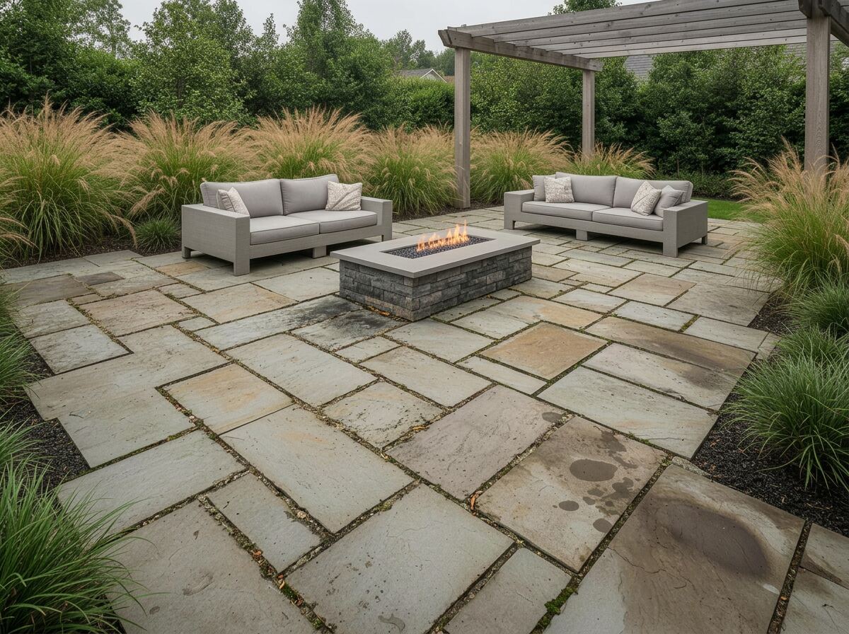 Before and after patio cleaning showing removal of algae and surface buildup