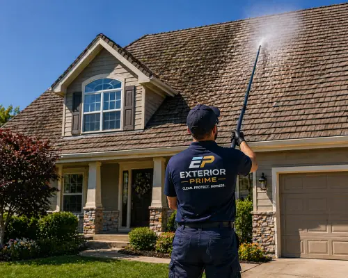 Clean residential roof after professional soft wash roof cleaning