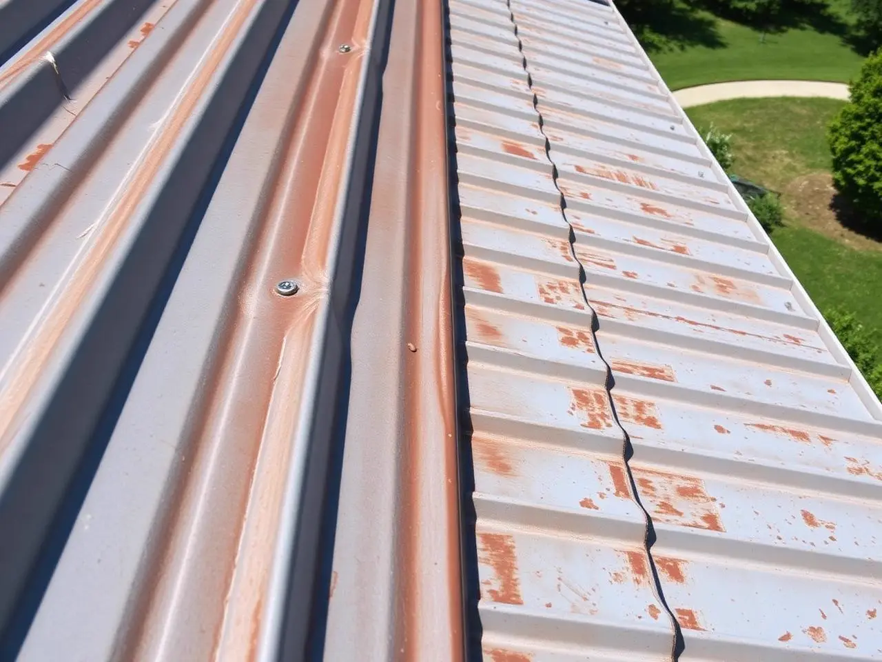 Before photo of a standing seam metal roof in Salida, CA showing oxidation and grime along the seams