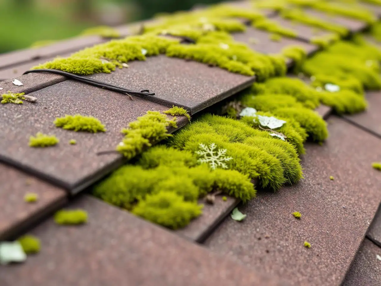 Close-up before photo of thick green moss and lichen on the shaded north slope of a Lathrop, CA roof