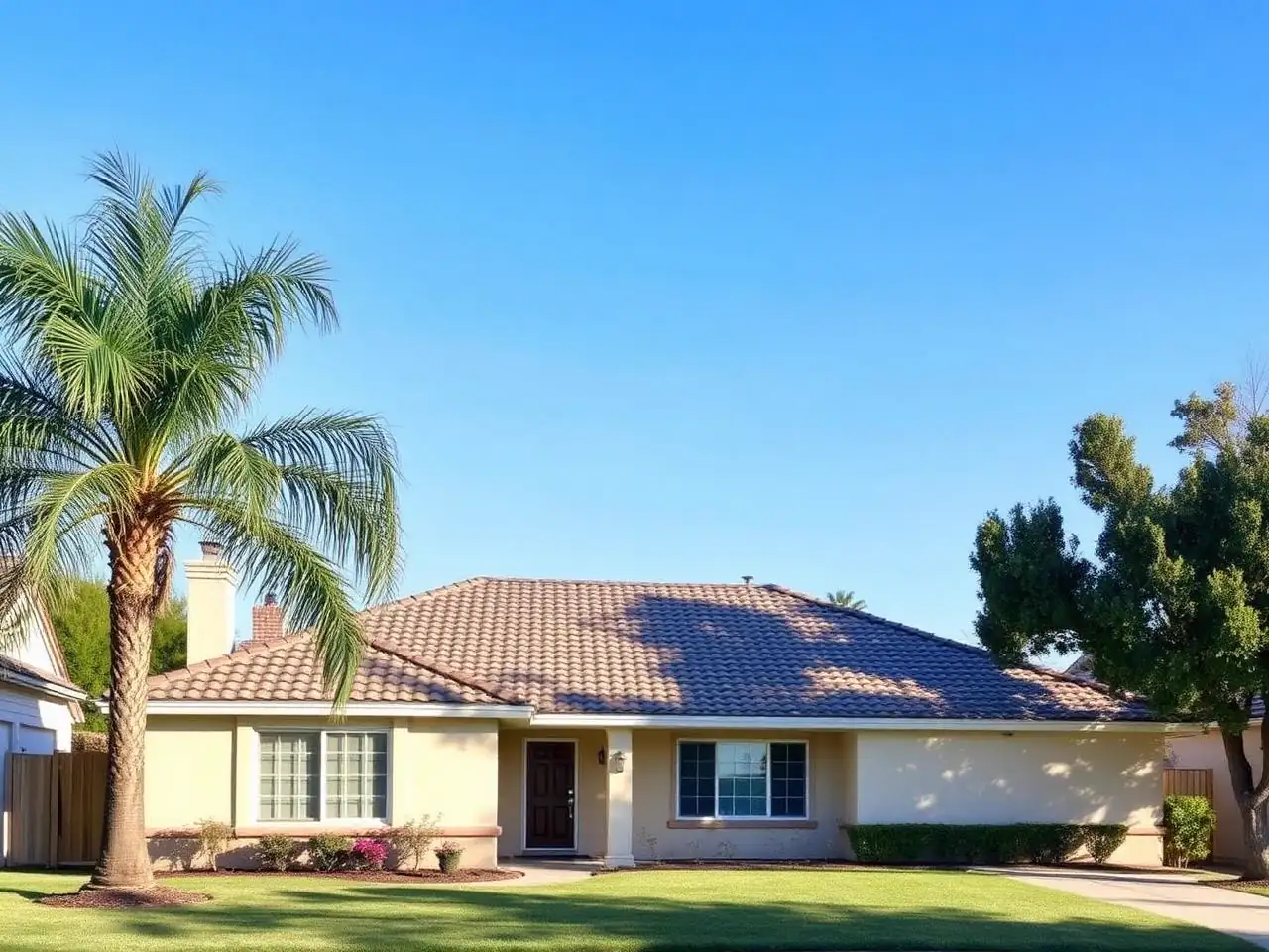 Single-story Ripon, CA home with a freshly cleaned tile roof and washed stucco exterior