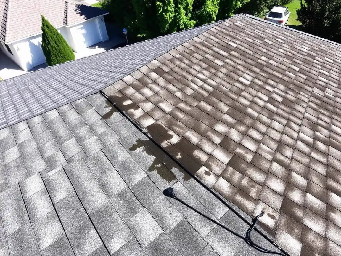 After photo of the same Ripon, CA asphalt shingle roof soft washed clean with the black streaking removed