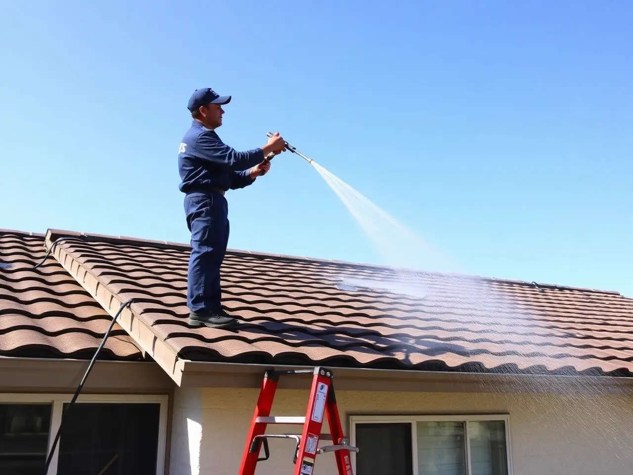 Exterior Prime professional soft washing a residential roof in Ripon, CA with a low-pressure wand