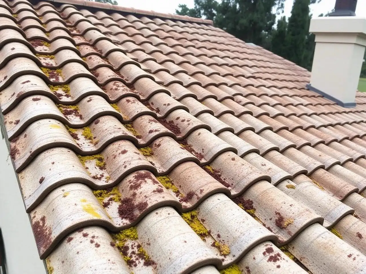 Before photo of a concrete tile roof in Ripon, CA with moss, lichen and algae growth between the tiles
