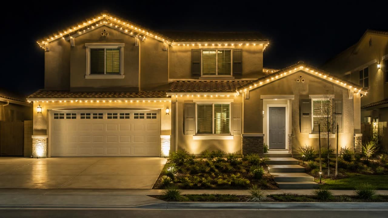 Two-story Brentwood Estates home in Escalon, CA with permanent Christmas lights along eaves and gable peaks
