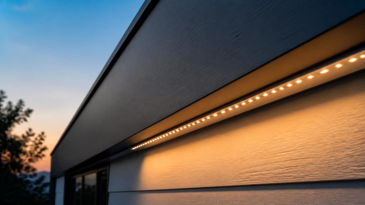 Close-up of powder-coated aluminum lighting channel and sealed RGB LED module on an Escalon, CA fascia board