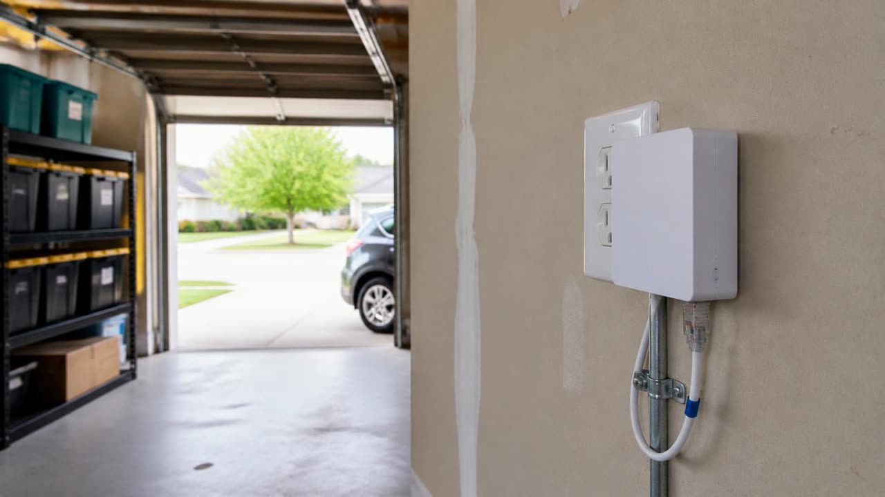 Low-voltage transformer and app controller mounted on a garage wall inside an Escalon, CA home