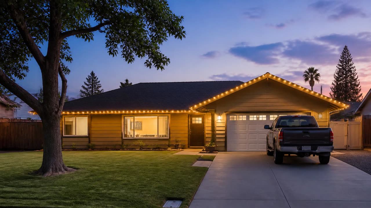 Permanent warm white roofline lighting on an Escalon, CA home near Main Street at dusk