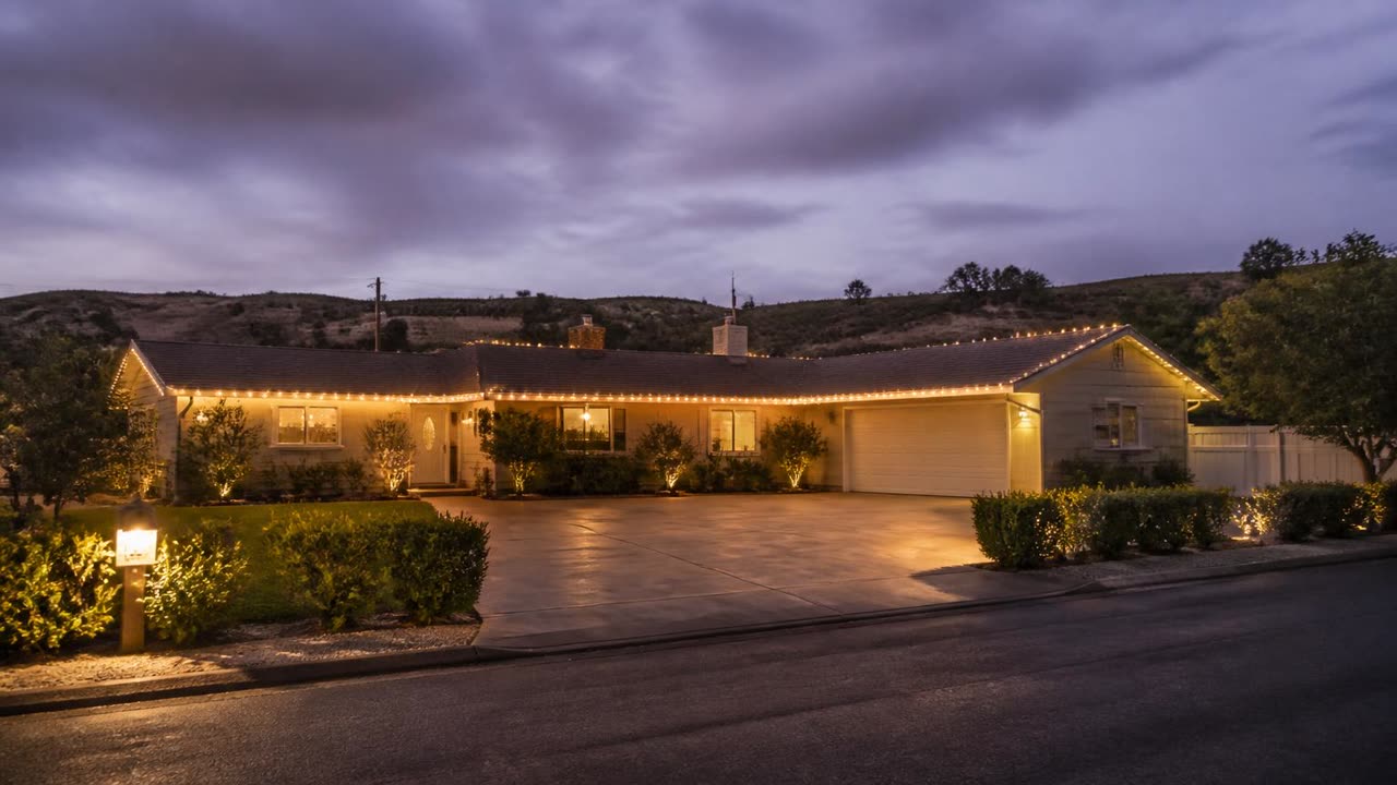 Single-story Melrose Park ranch home in Escalon, CA lit with permanent holiday lighting along the fascia