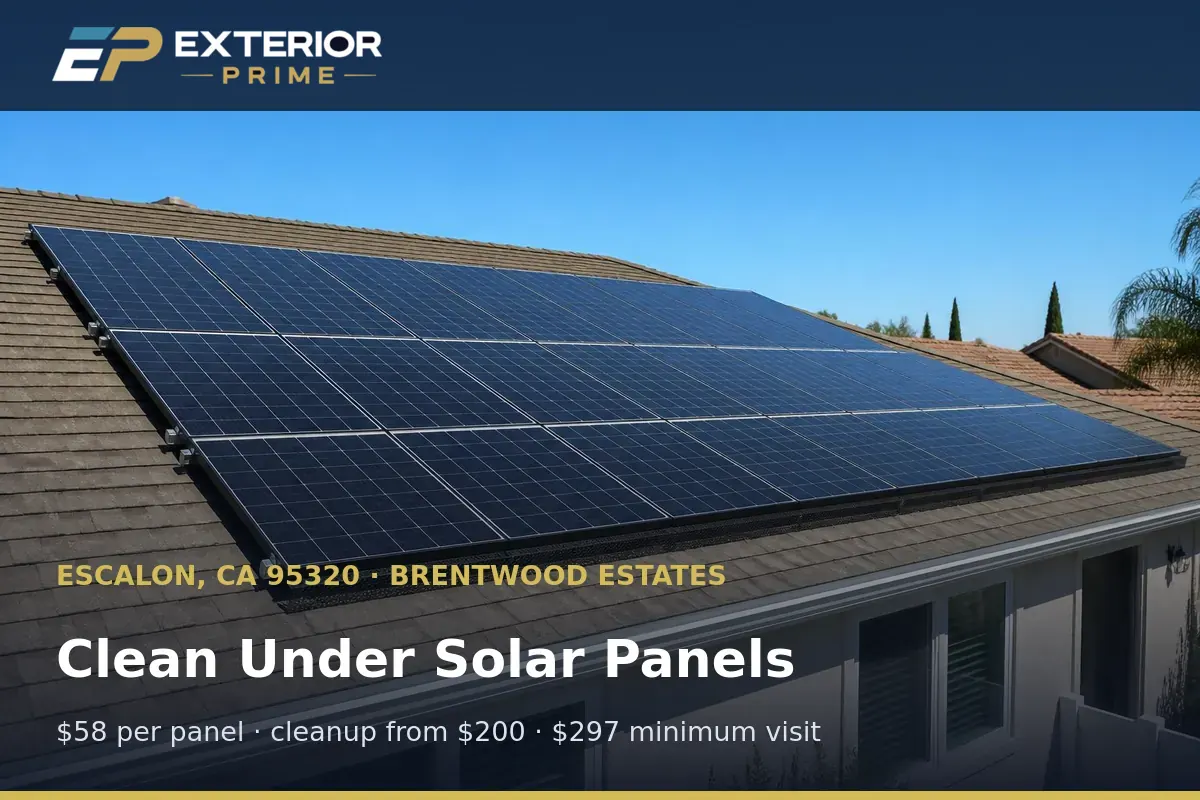 Clear roof surface and clean module undersides after cleaning beneath a solar array in Brentwood Estates, Escalon, CA