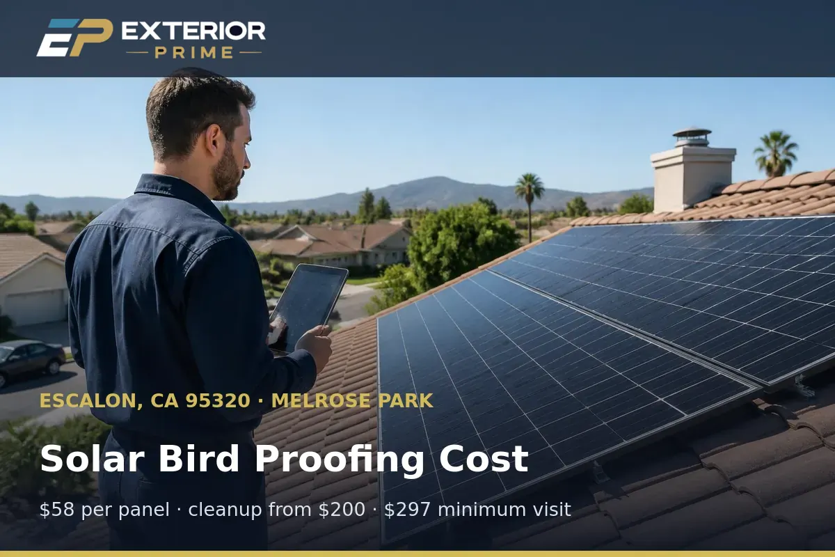 Exterior Prime professional tallying solar modules on a tablet to quote bird proofing on a Melrose Park roof in Escalon, CA