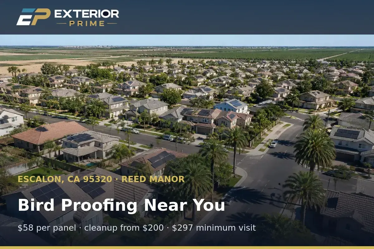 Aerial view of Reed Manor rooftops with solar arrays in Escalon, CA, the service area Exterior Prime covers off State Route 120