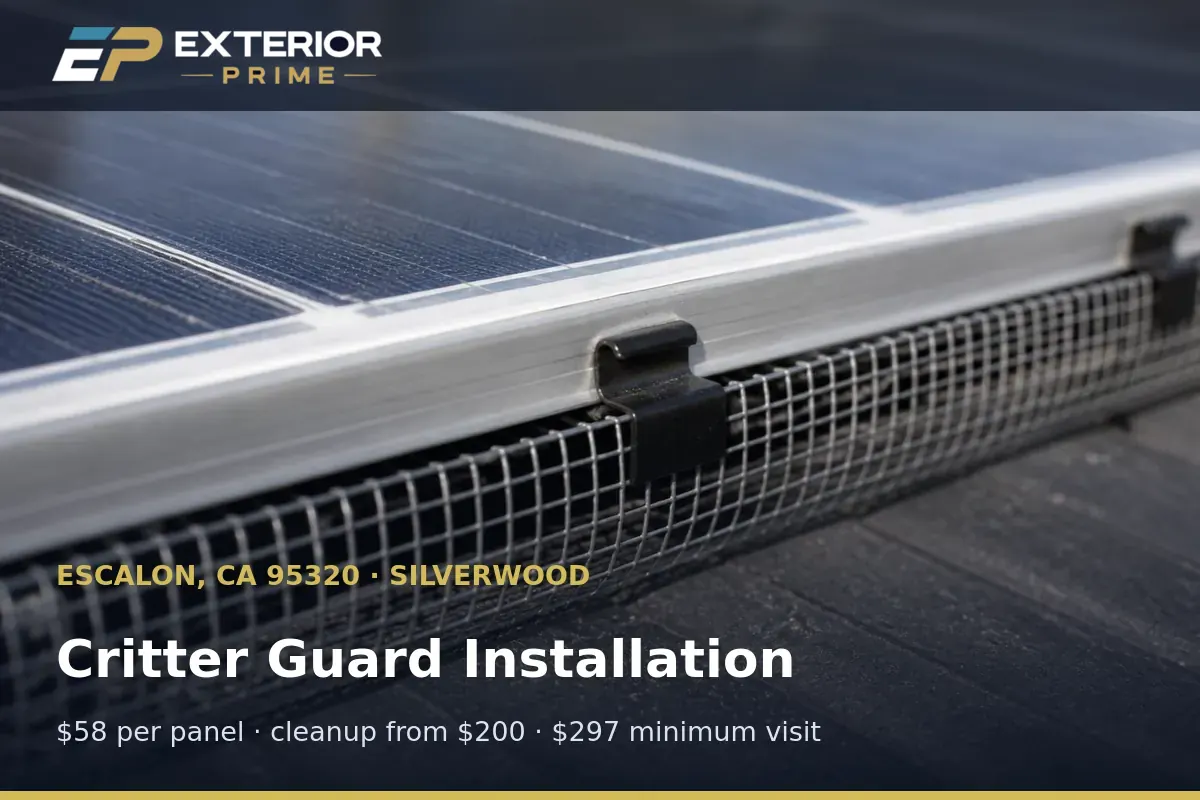 Exterior Prime professional fastening critter guard clips along a Silverwood rooftop solar array in Escalon, CA