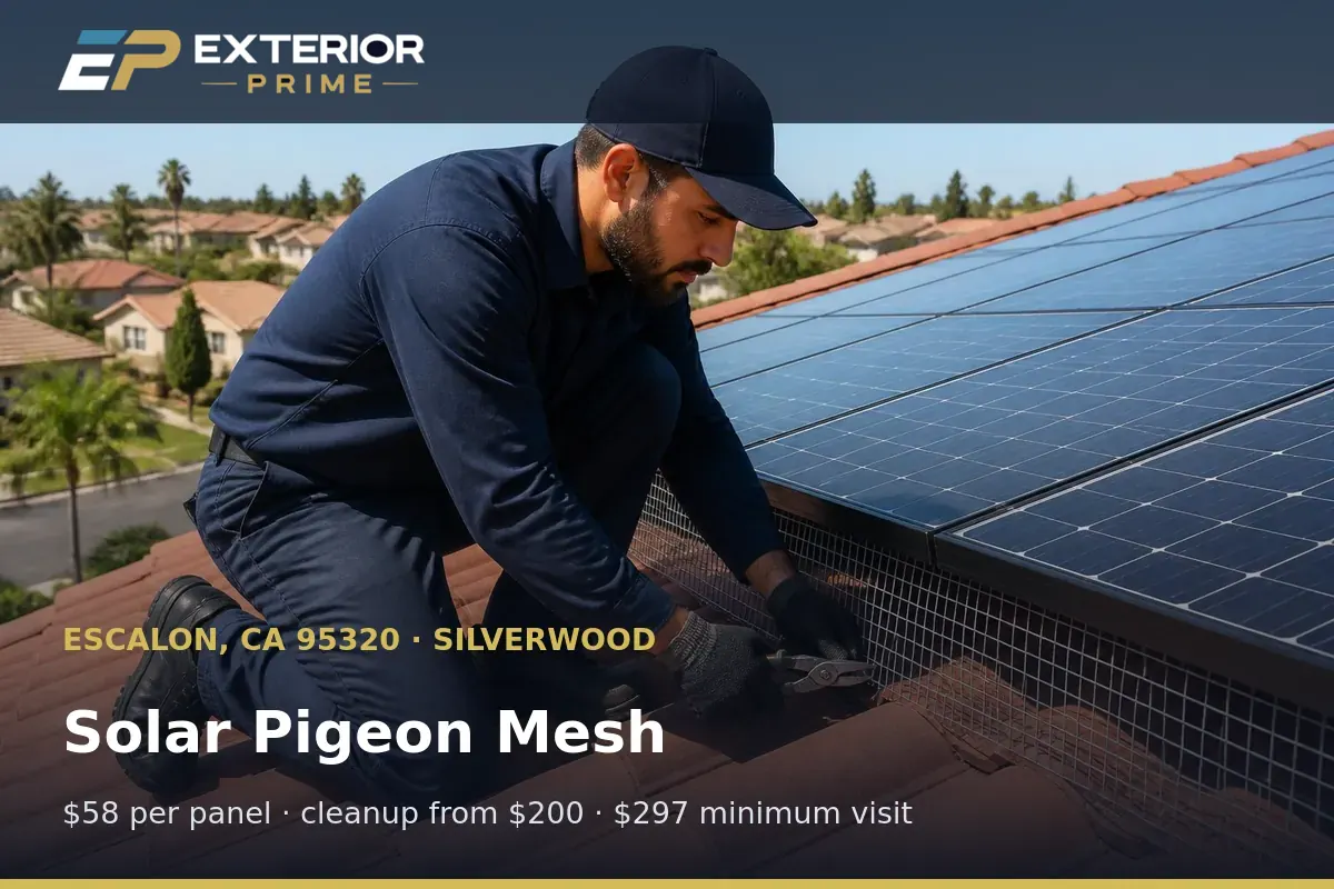 Galvanized pigeon mesh formed around a roof-mounted solar module corner in Silverwood, Escalon, CA