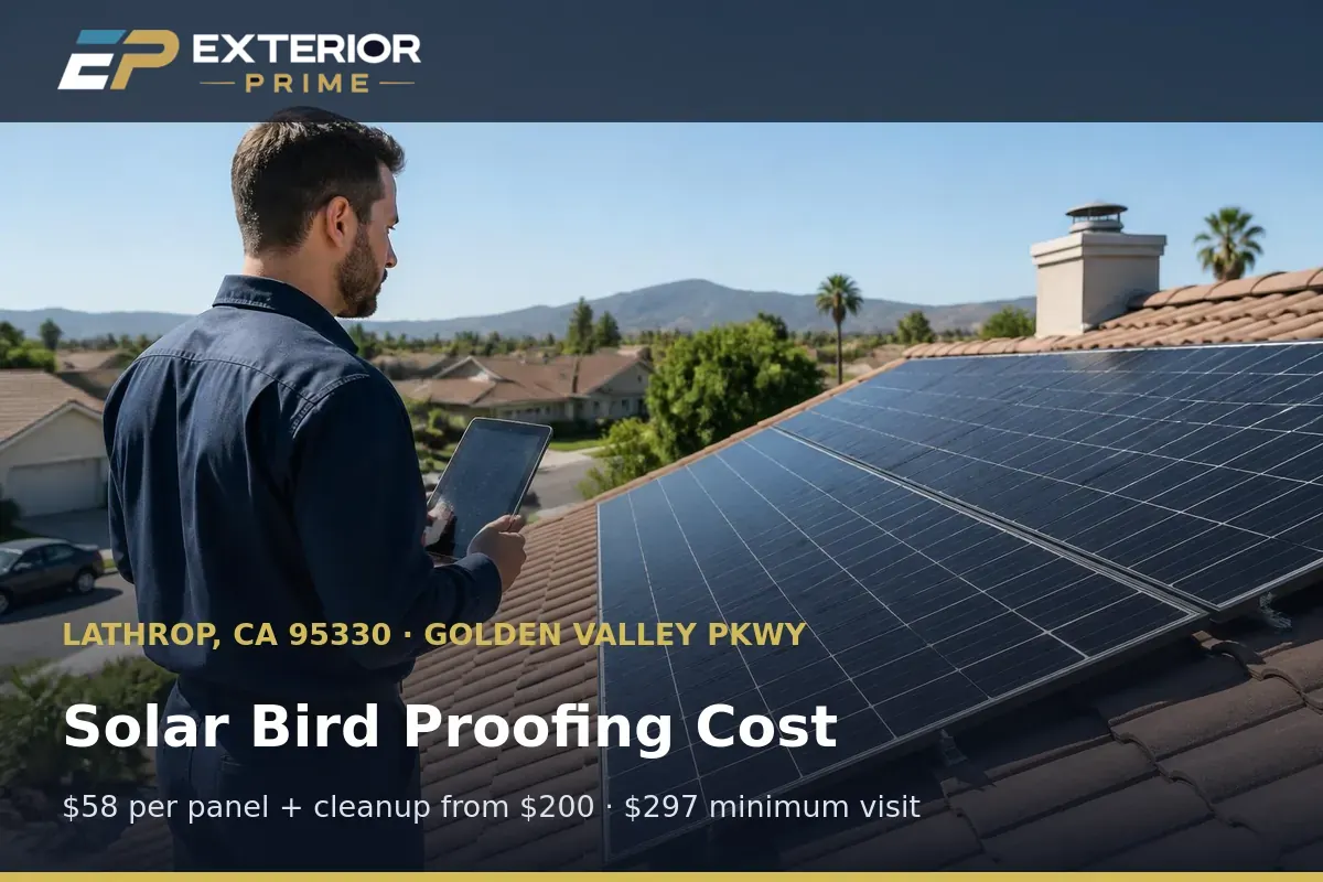 Solar bird proofing being priced on a Lathrop, CA rooftop array with module count and perimeter measurements