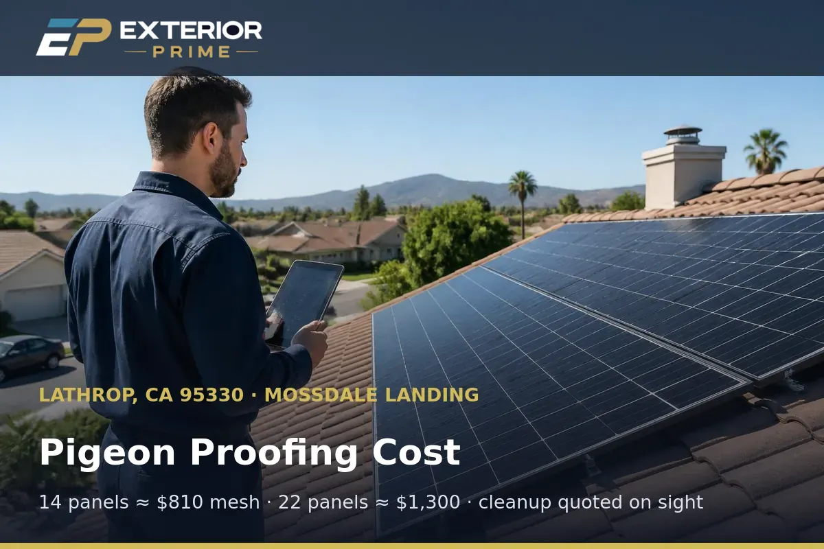 Rooftop module count being recorded in Mossdale Landing, Lathrop, CA to quote solar panel pigeon proofing cost