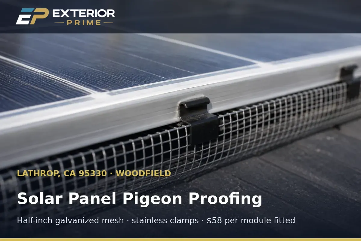 Close view of half-inch galvanized pigeon proofing mesh clamped to an aluminium solar module frame in Woodfield, Lathrop, CA