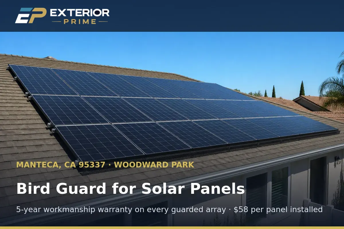 Bird guard mesh barrier running the full length of a rooftop solar array on a Manteca, CA single-story home