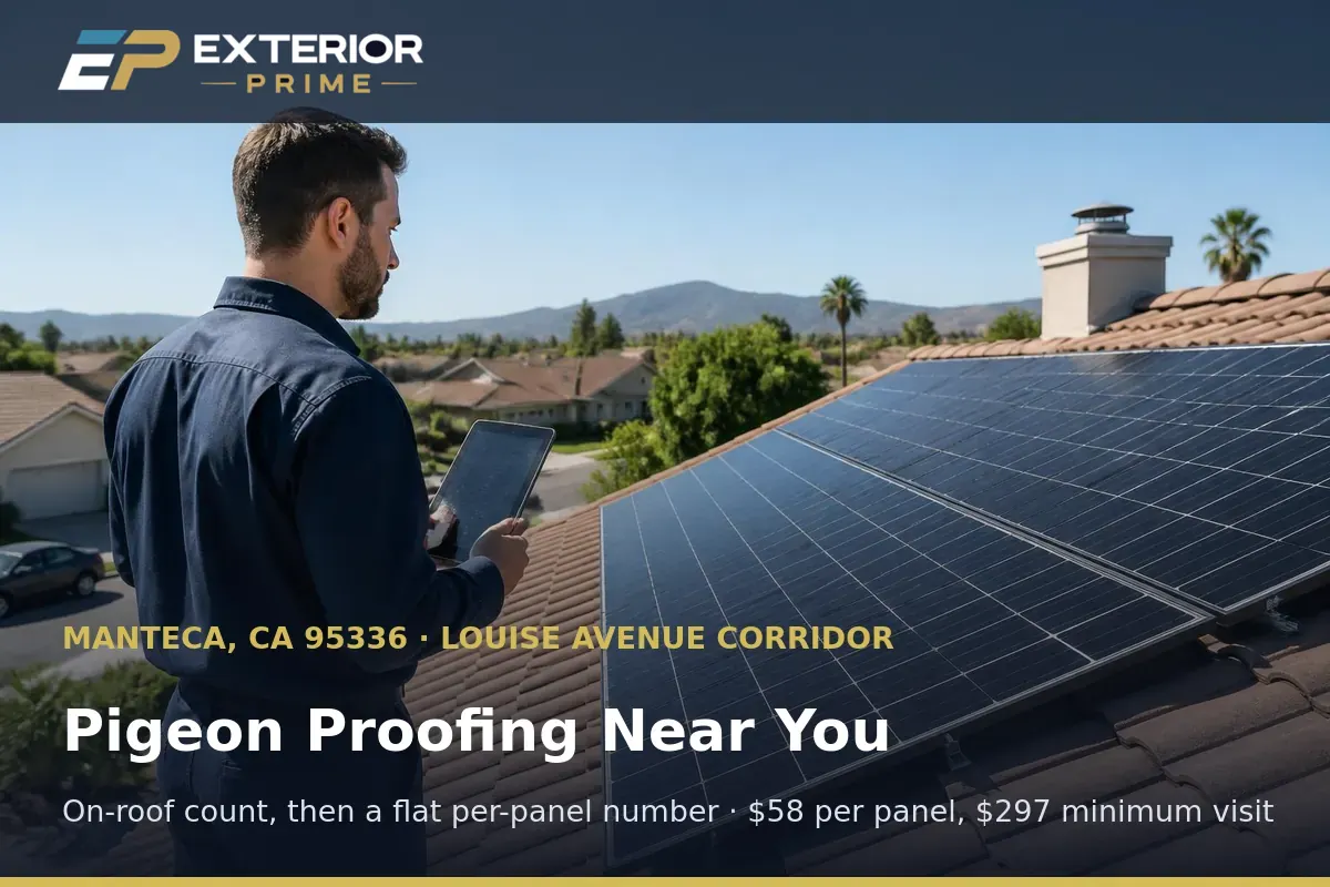 Exterior Prime professional on a Manteca, CA roof counting solar panels on a tablet to quote pigeon proofing