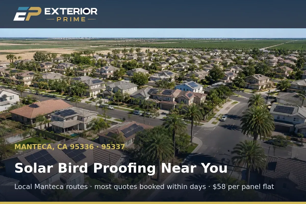 Aerial view of a Manteca, CA neighborhood of homes with rooftop solar arrays served by Exterior Prime bird proofing