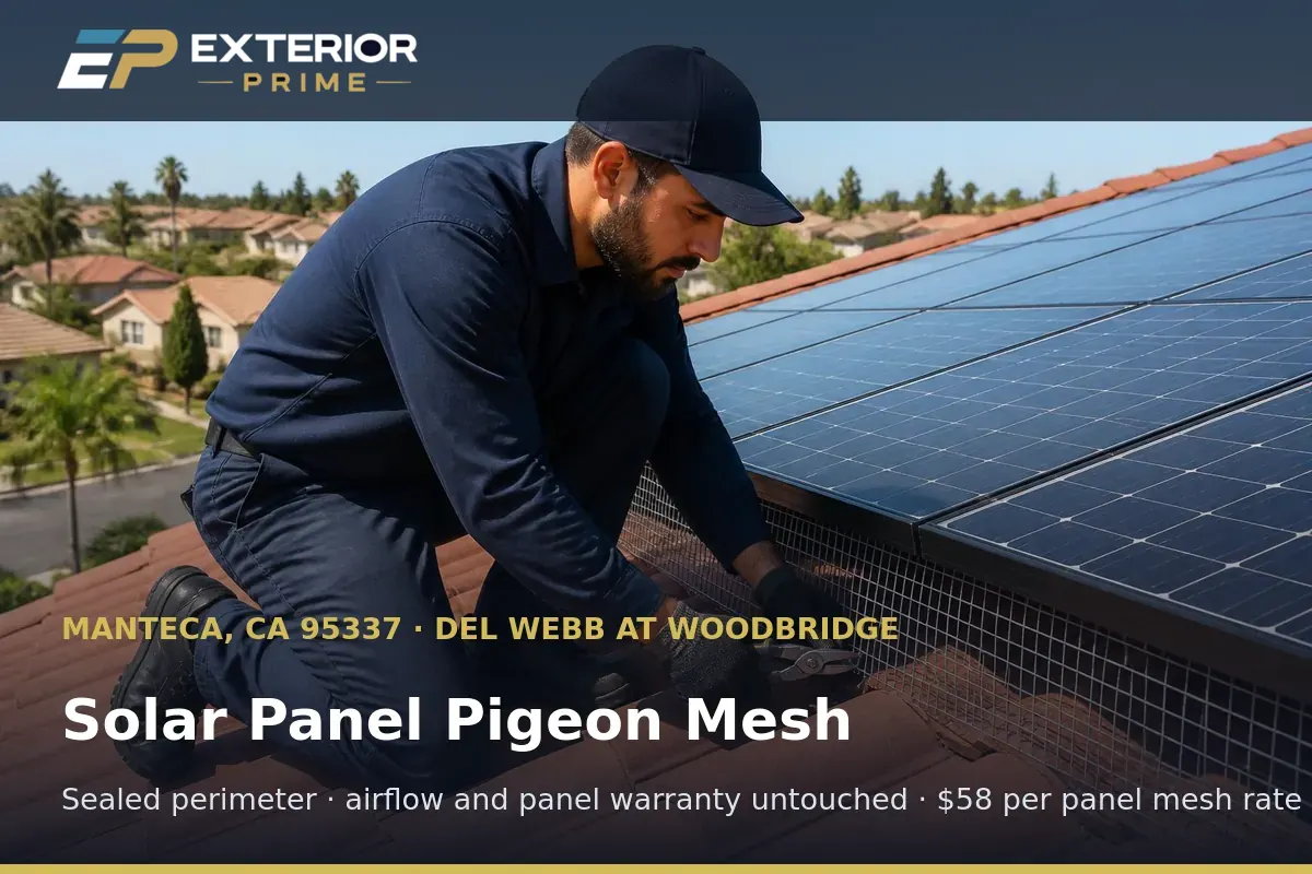 Pigeon mesh being fitted around the perimeter of a rooftop solar array on a Manteca, CA tile roof