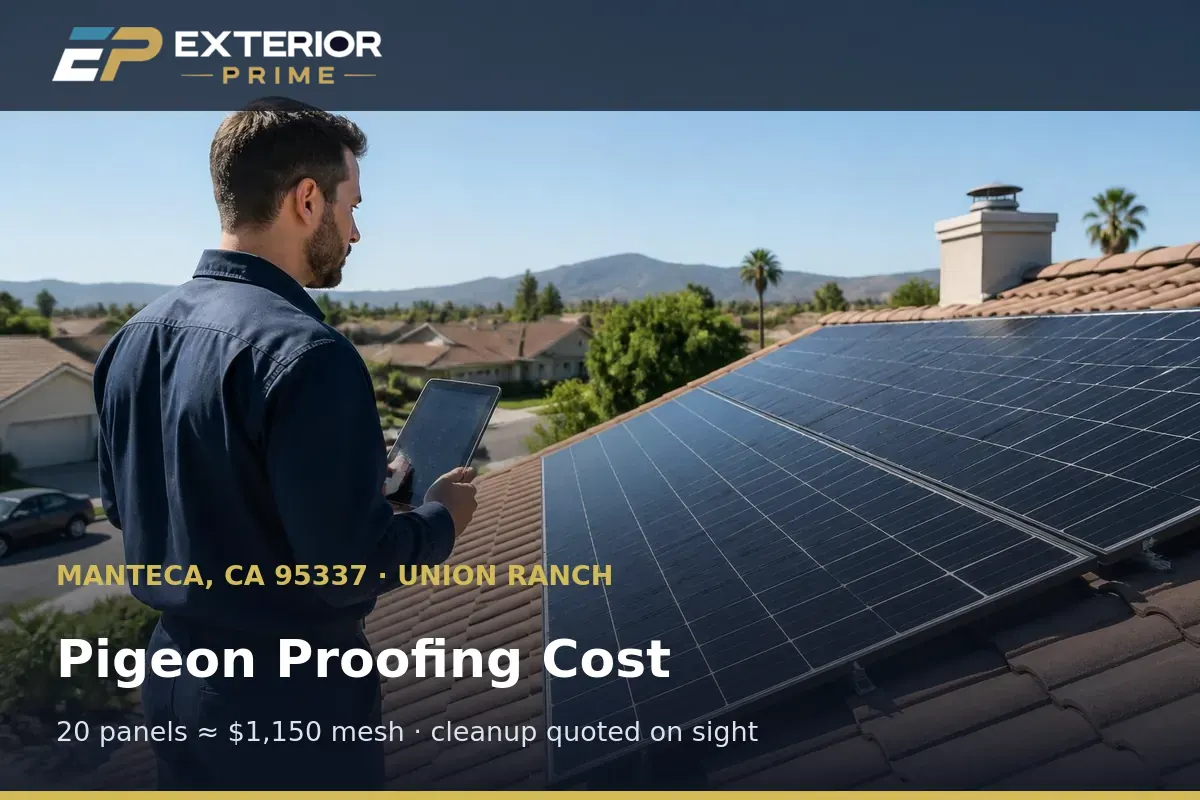 Rooftop panel count being taken in Manteca, CA to quote the cost of solar panel pigeon proofing