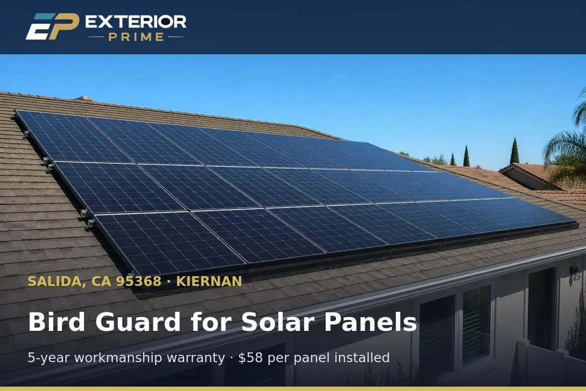 Rooftop solar array on a Kiernan-area home in Salida, CA fitted with a low-profile bird guard along every panel edge