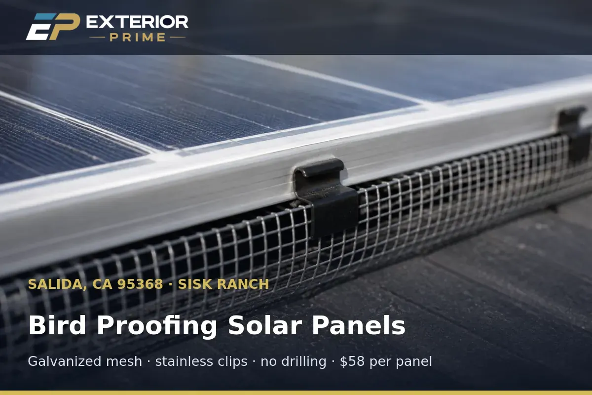 Close-up of galvanized bird proofing mesh clamped to a solar module frame on a Sisk Ranch rooftop in Salida, CA