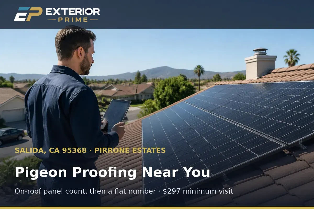 Exterior Prime professional counting solar panels on a Pirrone Estates roof in Salida, CA to quote pigeon proofing