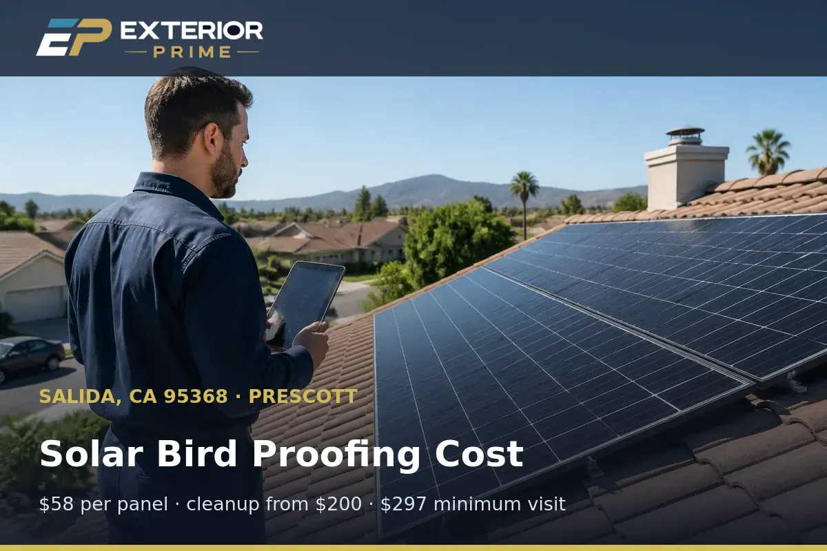 Exterior Prime professional counting solar modules on a tablet to price bird proofing on a Prescott-area roof in Salida, CA