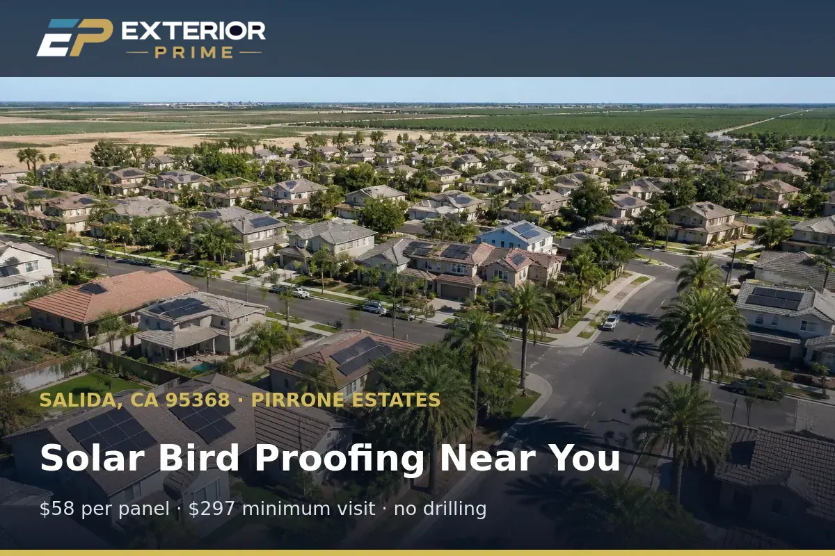 Aerial view of Pirrone Estates rooftops with solar arrays in Salida, CA served by Exterior Prime bird proofing