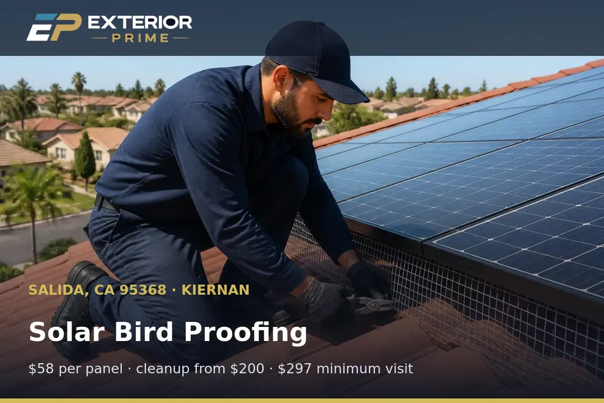 Exterior Prime professional clipping galvanized mesh along a rooftop solar array on a Kiernan-area home in Salida, CA