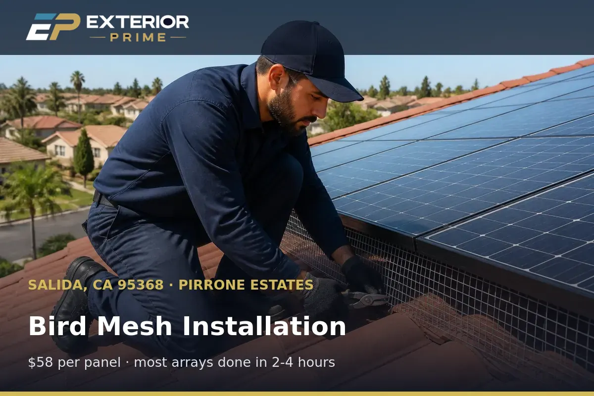 Exterior Prime professional fitting bird mesh clips along a rooftop solar array in Pirrone Estates, Salida, CA