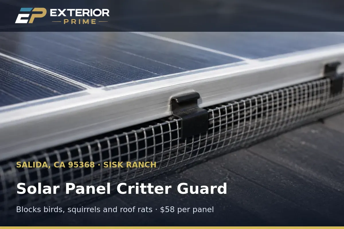 Critter guard mesh and clips installed along a solar panel edge on a Sisk Ranch rooftop in Salida, CA