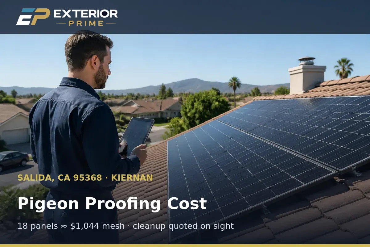 Rooftop panel count being taken on a Kiernan-area home in Salida, CA to price solar panel pigeon proofing