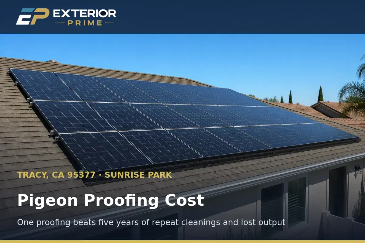 Protected rooftop solar array on a Sunrise Park home in Tracy, California illustrating the long-term value of pigeon proofing
