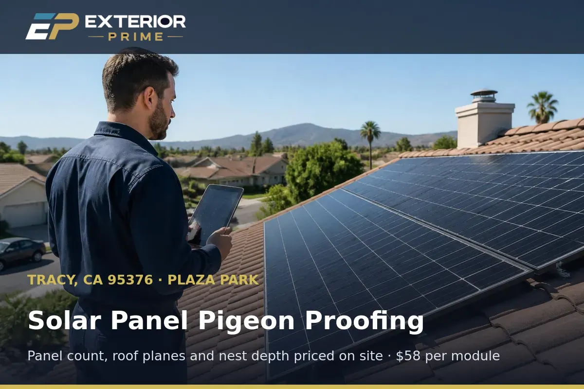 Exterior Prime professional measuring array edge footage with a tablet during a pigeon proofing quote on a Plaza Park roof in Tracy, CA