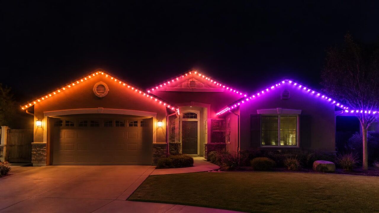 Permanent color changing house lights running an orange and violet gradient on a Lathrop home exterior