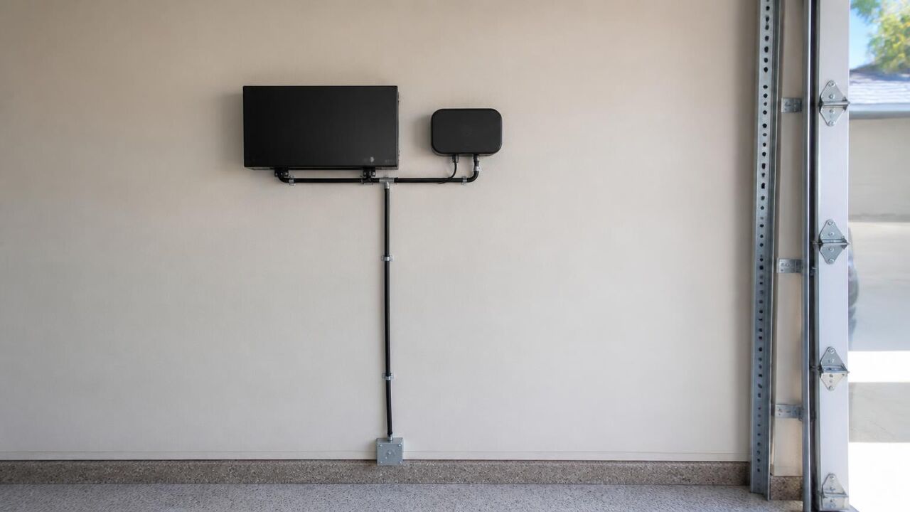 Low-voltage transformer and permanent lighting controller mounted neatly in a Lathrop garage
