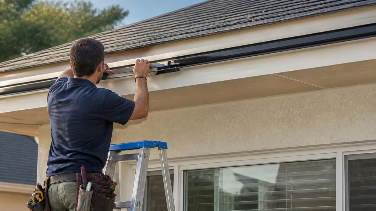 Exterior Prime professional fastening permanent lighting channel to the fascia of a Lathrop home on install day