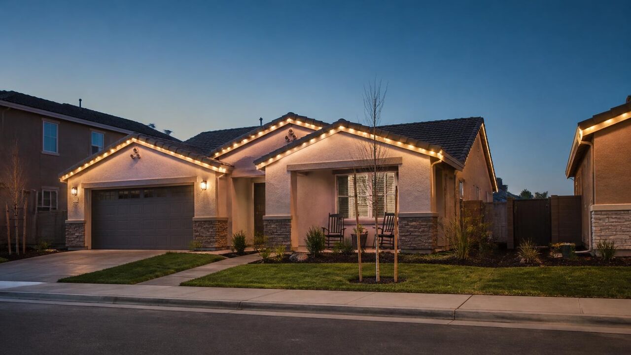 Mossdale Landing street in Lathrop at night with permanent roofline lighting on a single-story tract home