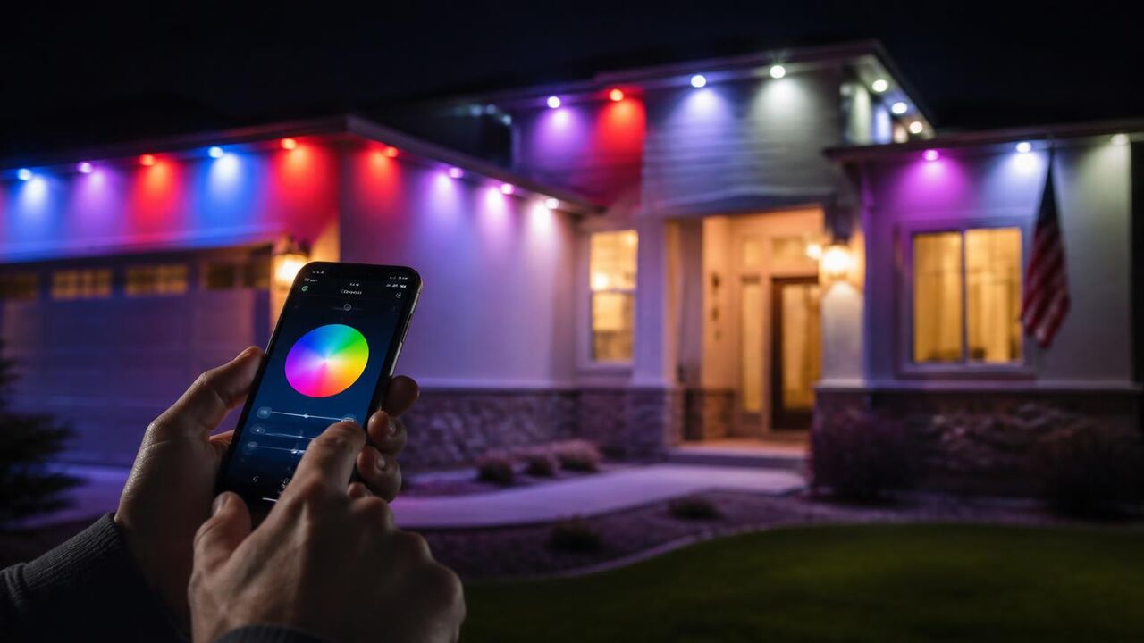 Lathrop homeowner adjusting permanent holiday light colors from a phone app on the front porch at night