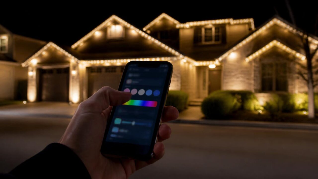 Homeowner using a phone app to change the color of permanent holiday lights on a Manteca house at night