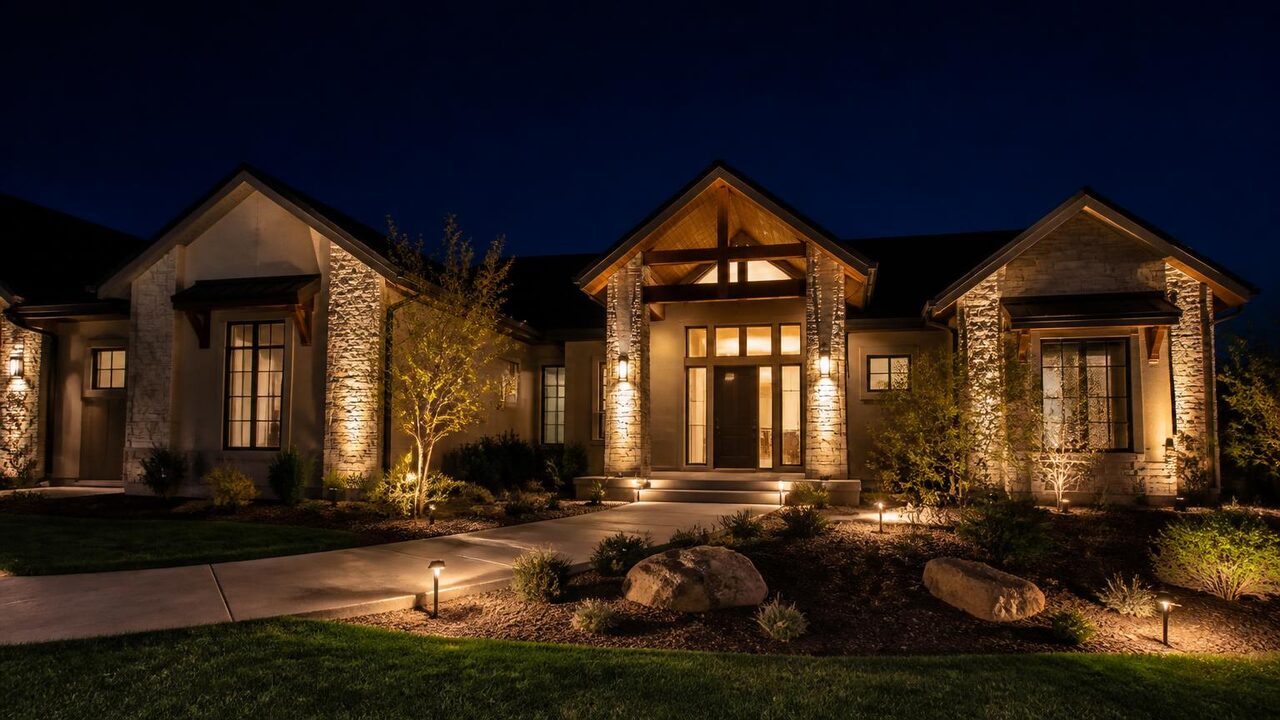Manteca area home with permanent architectural lighting grazing stone columns, gable peaks and the entry portico