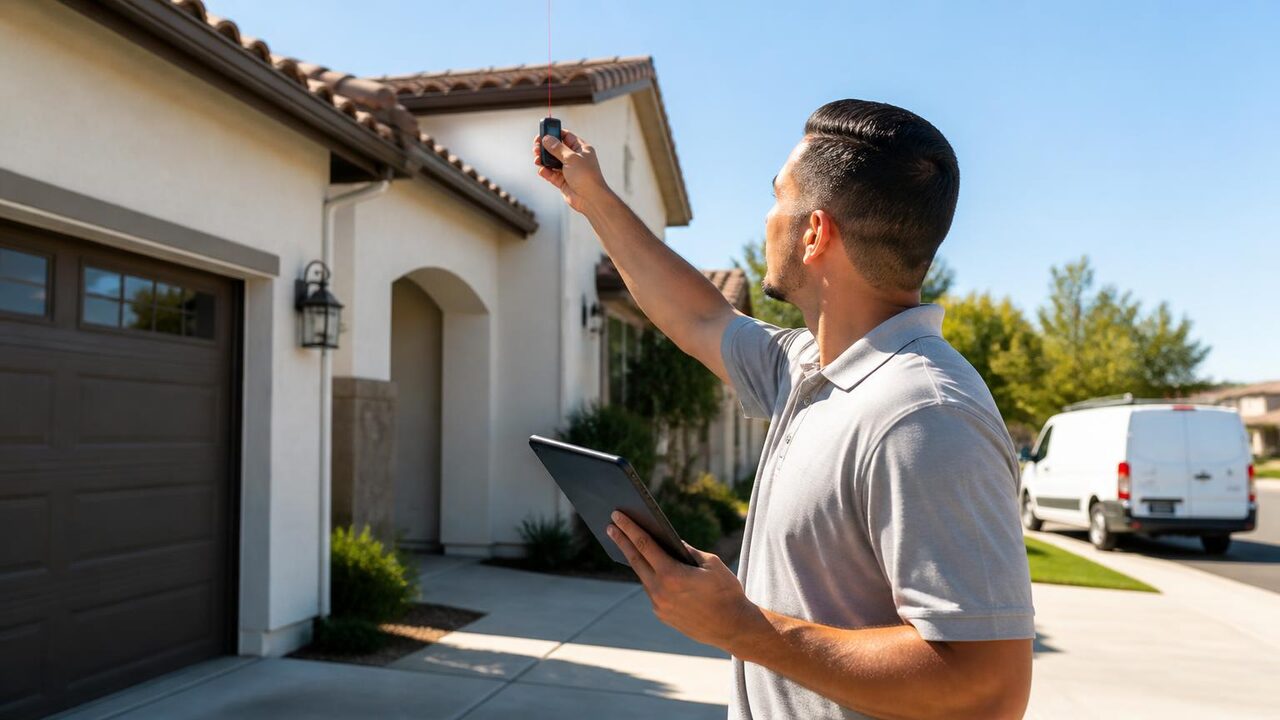 Exterior Prime professional laser-measuring the front roofline of a Manteca home to build a permanent lighting estimate